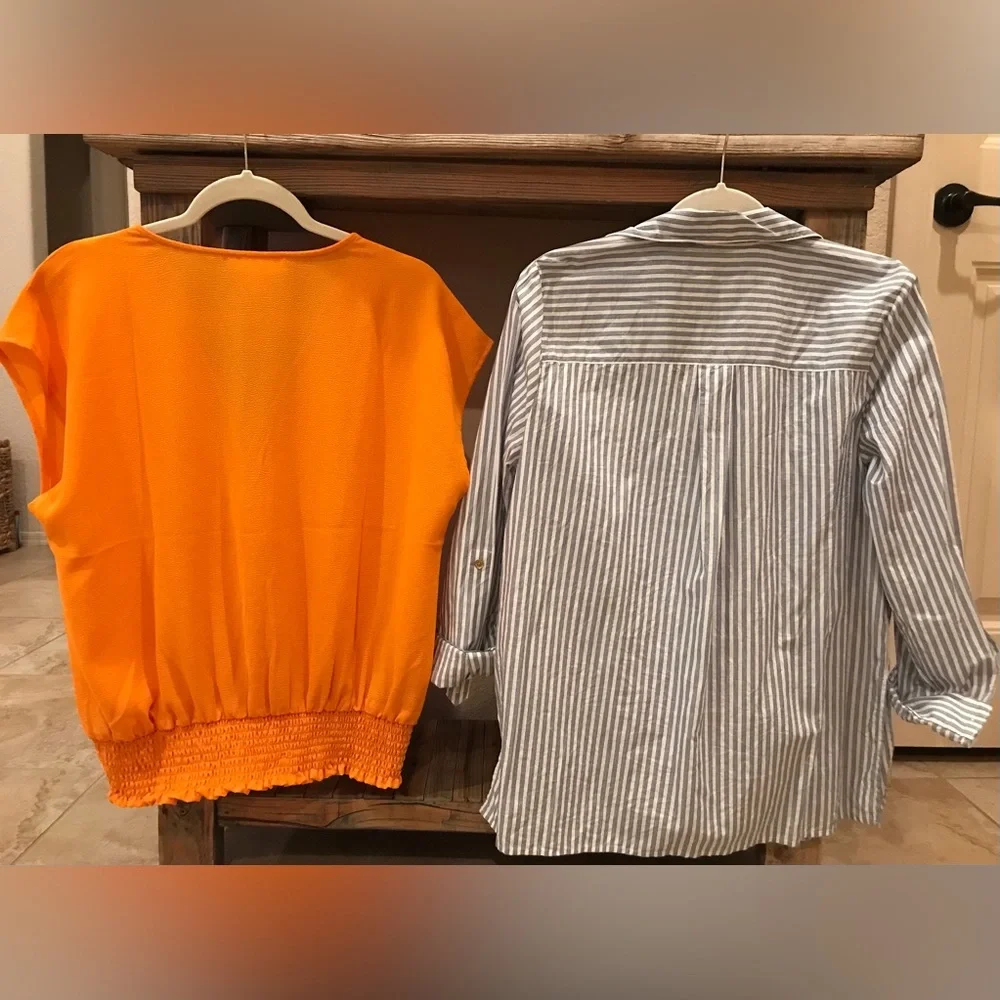 *Michael Kors* Shirt Bundle Orange Button-Down Blouse & Striped Shirt (Size L) - Picture 3 of 12